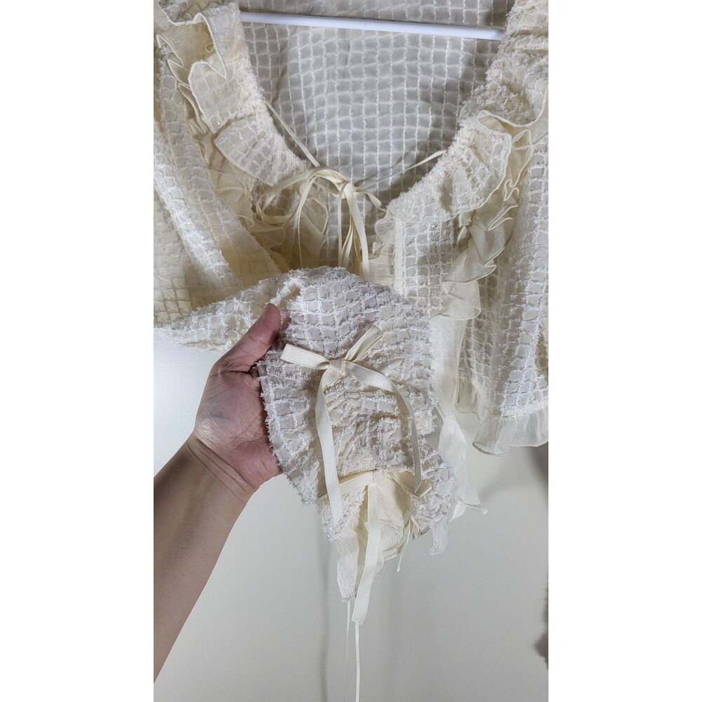 Womens Ivory Ruffle Bolero Shrug Tie Front Crop Cardigan Coquette Romantic M - Picture 5 of 8